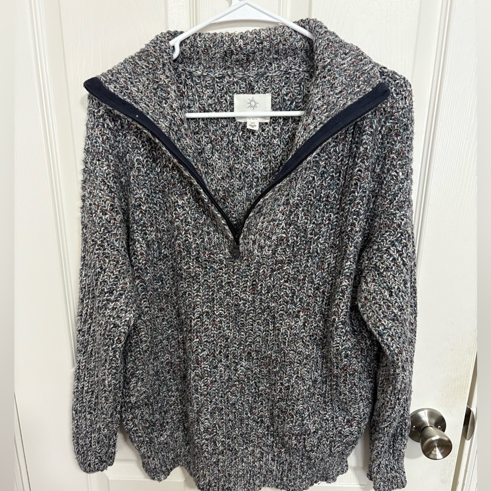 Aerie Marled Grey Confetti Chunky Knit Quarter-Zip Sweater